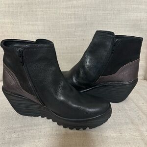 Fly London Black and Brown Wedge Women's Ankle Boot